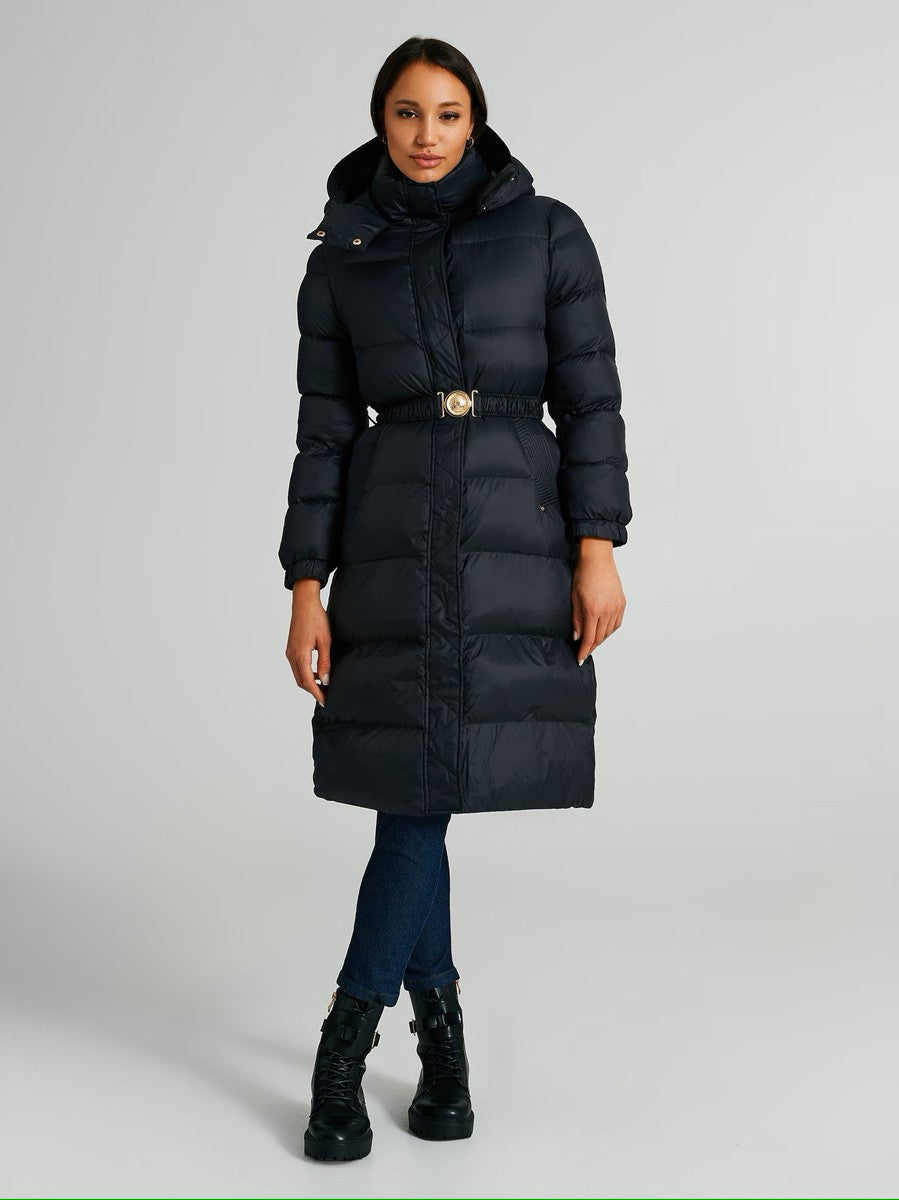 Piumino Lungo con Cappuccio e Cintura Elastica