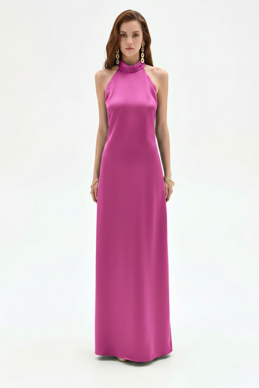 Abito Lungo in Raso con Scollo Halter
