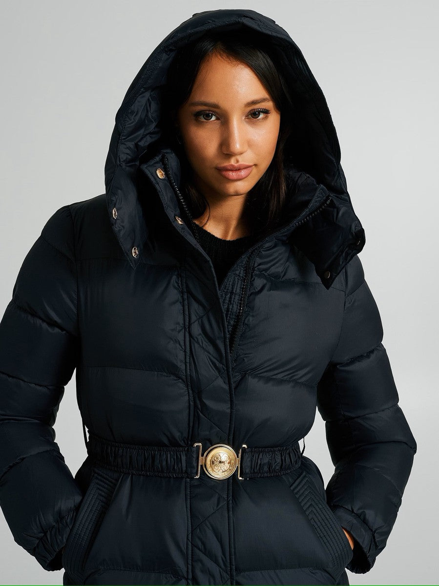 Piumino Lungo con Cappuccio e Cintura Elastica