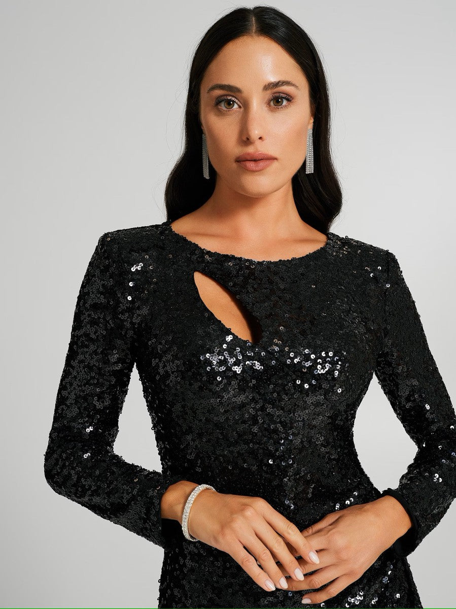 Abito Corto aderente in Paillettes con Cut-Out e Spalline