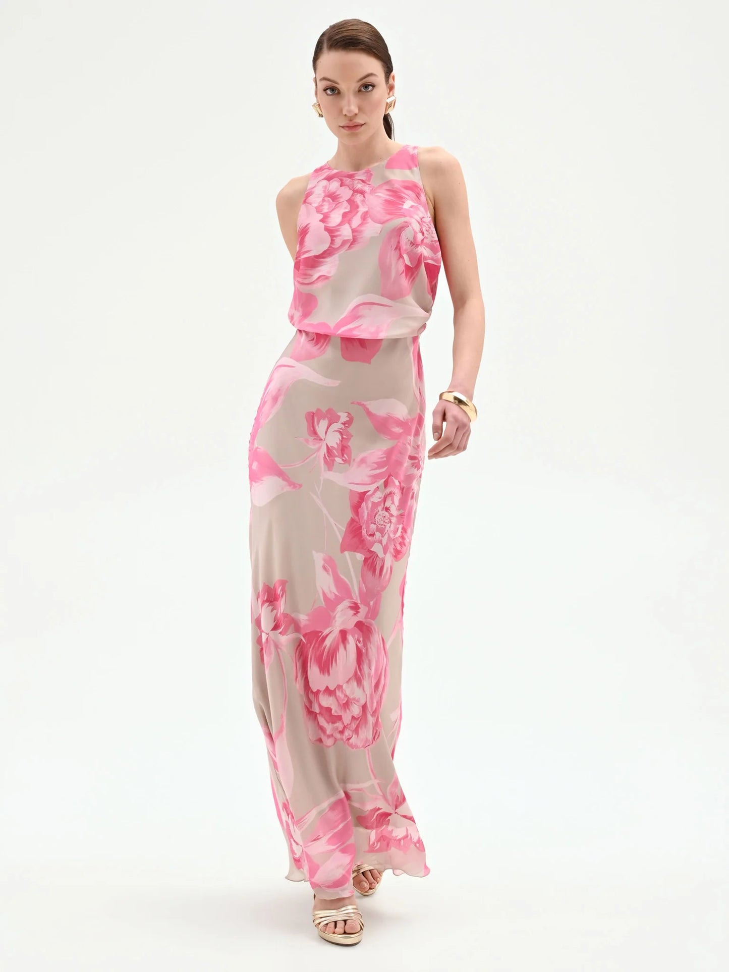 Abito Lungo Rosa con Stampa Floreale