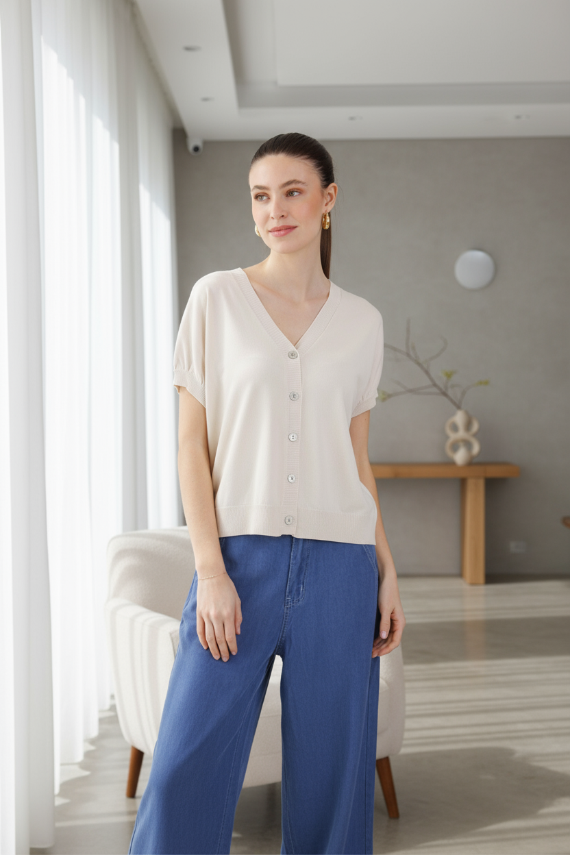 Cardigan a maniche corte in tessuto a Costine