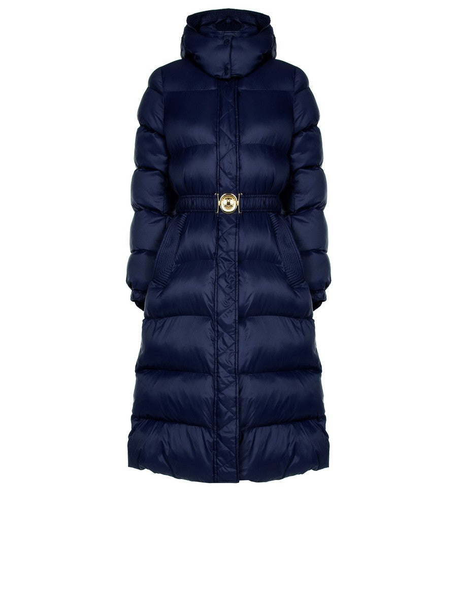 Piumino Lungo con Cappuccio e Cintura Elastica