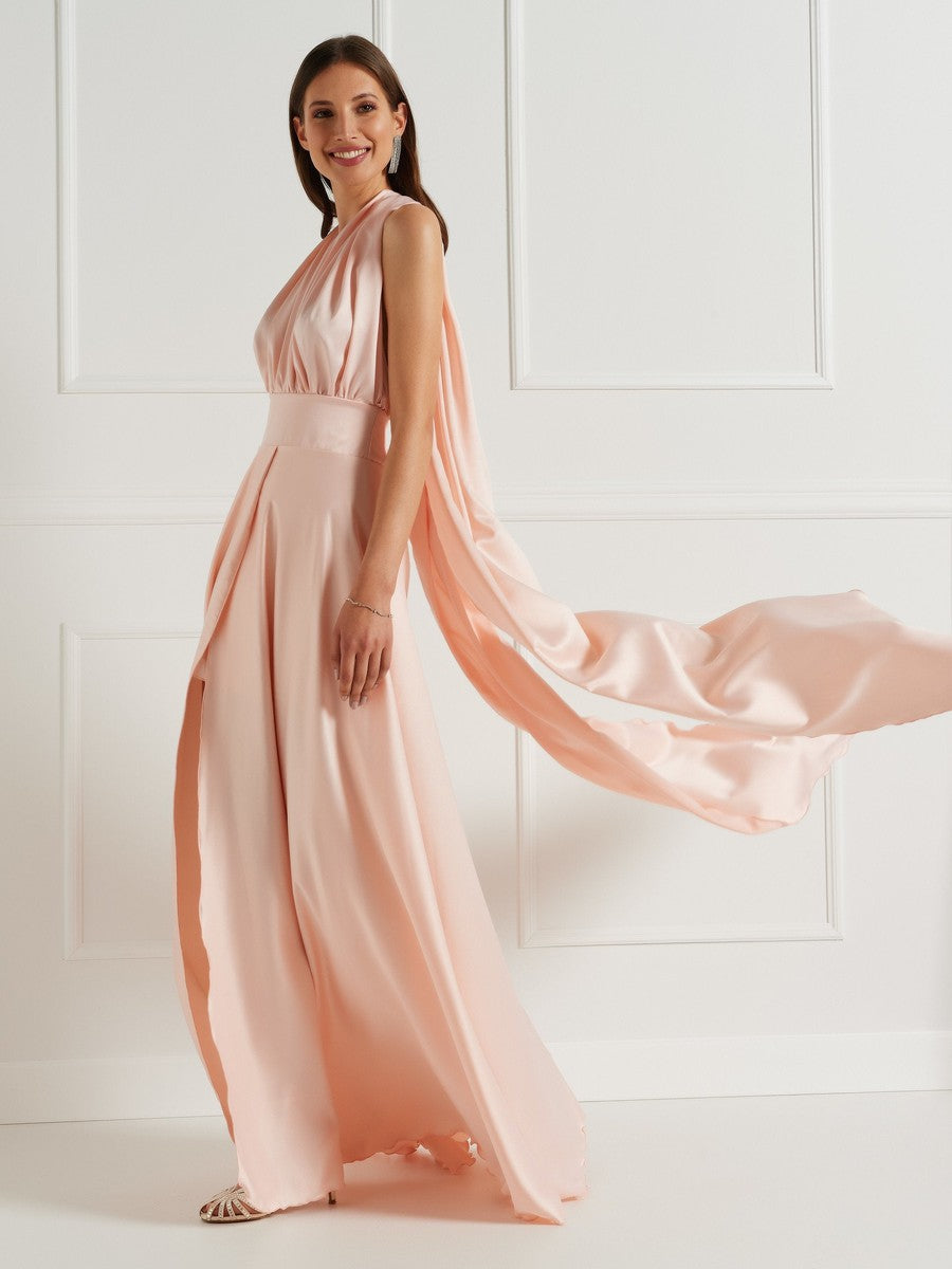 Abito in Raso con Maxi Fiocco e Lunghi Drappeggi