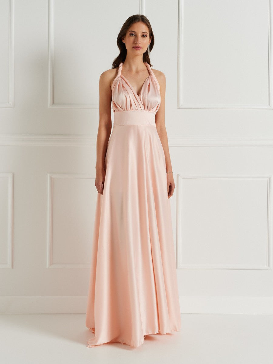 Abito in Raso con Maxi Fiocco e Lunghi Drappeggi