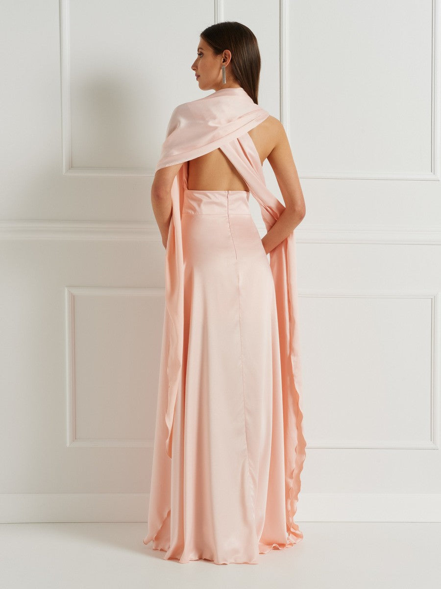 Abito in Raso con Maxi Fiocco e Lunghi Drappeggi