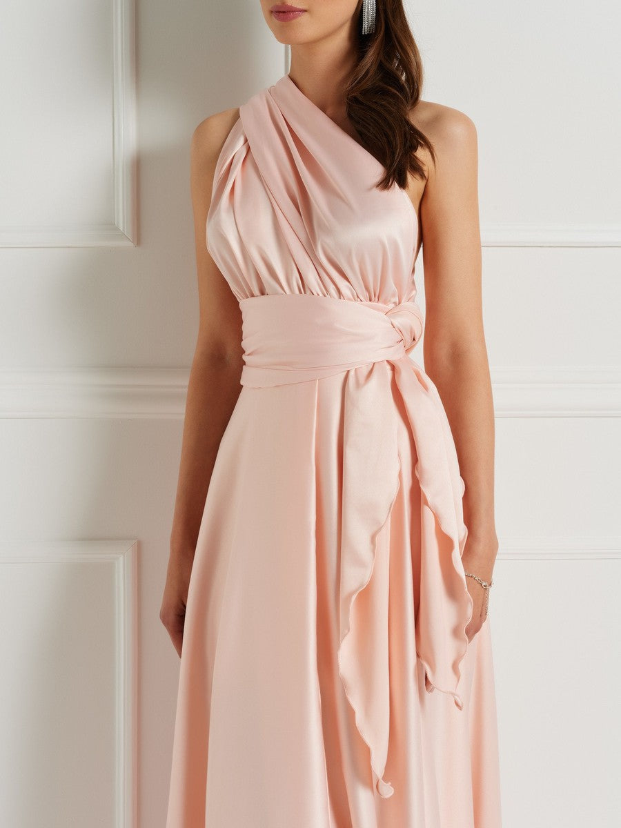 Abito in Raso con Maxi Fiocco e Lunghi Drappeggi