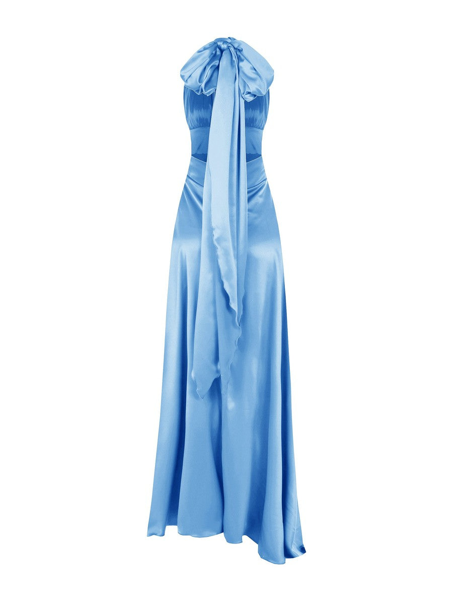 Abito in Raso con Maxi Fiocco e Lunghi Drappeggi