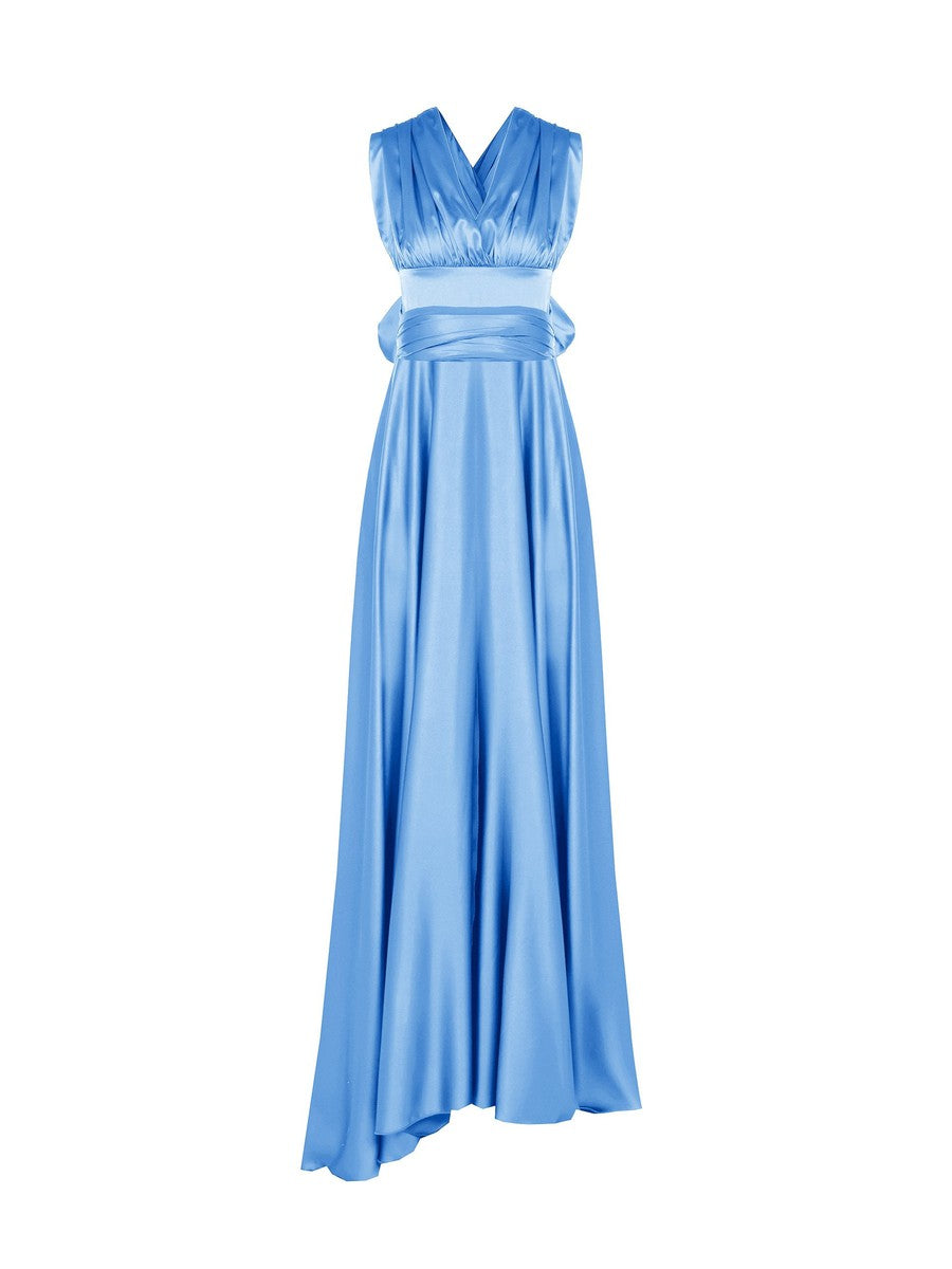 Abito in Raso con Maxi Fiocco e Lunghi Drappeggi