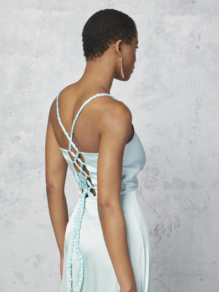 Abito Lungo in Raso Stringato Dietro con Spalline Intrecciate