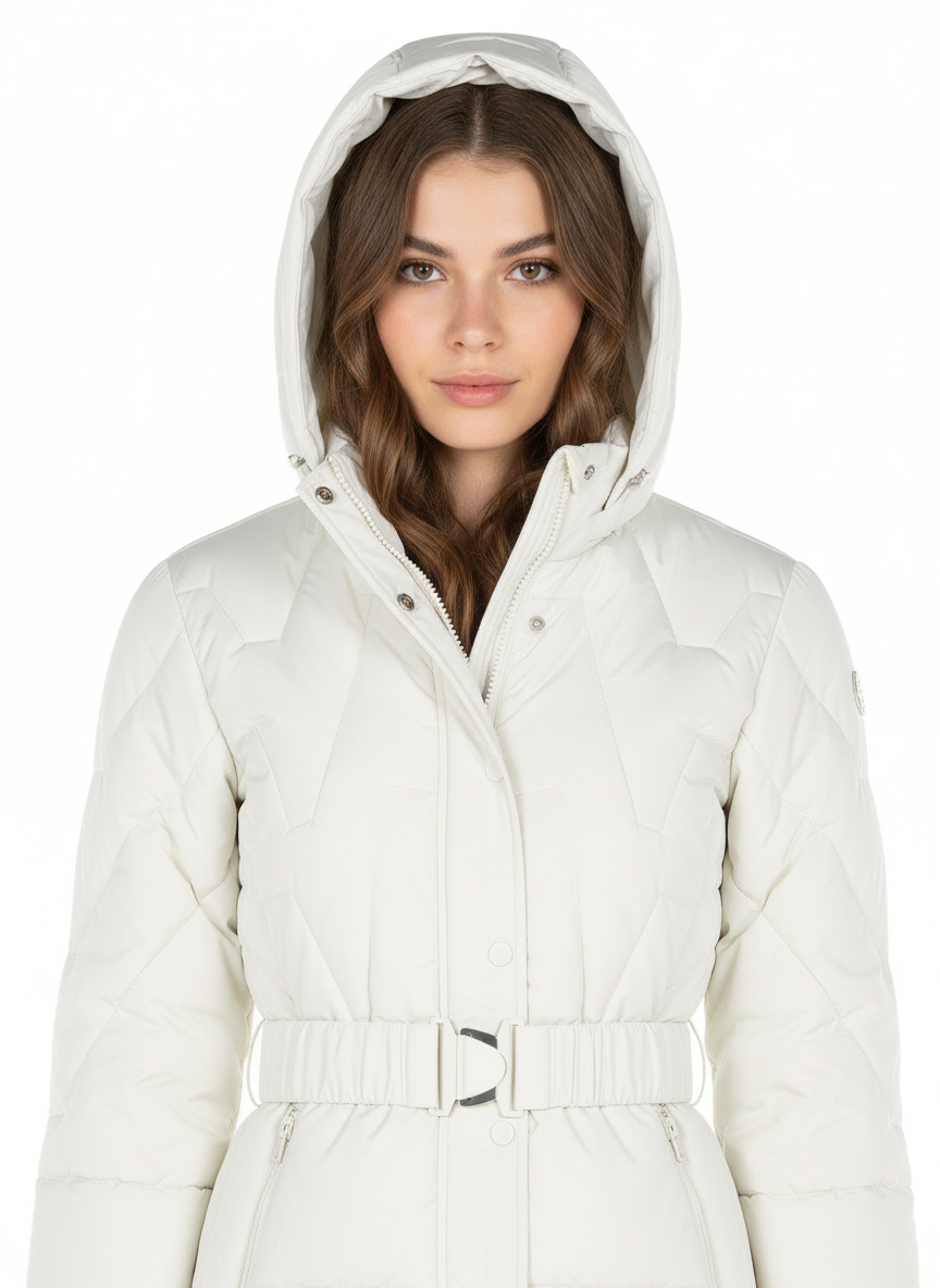 Piumino Corto Sfiancato con Cintura Elastica Coordinata e Cappuccio Rimovibile