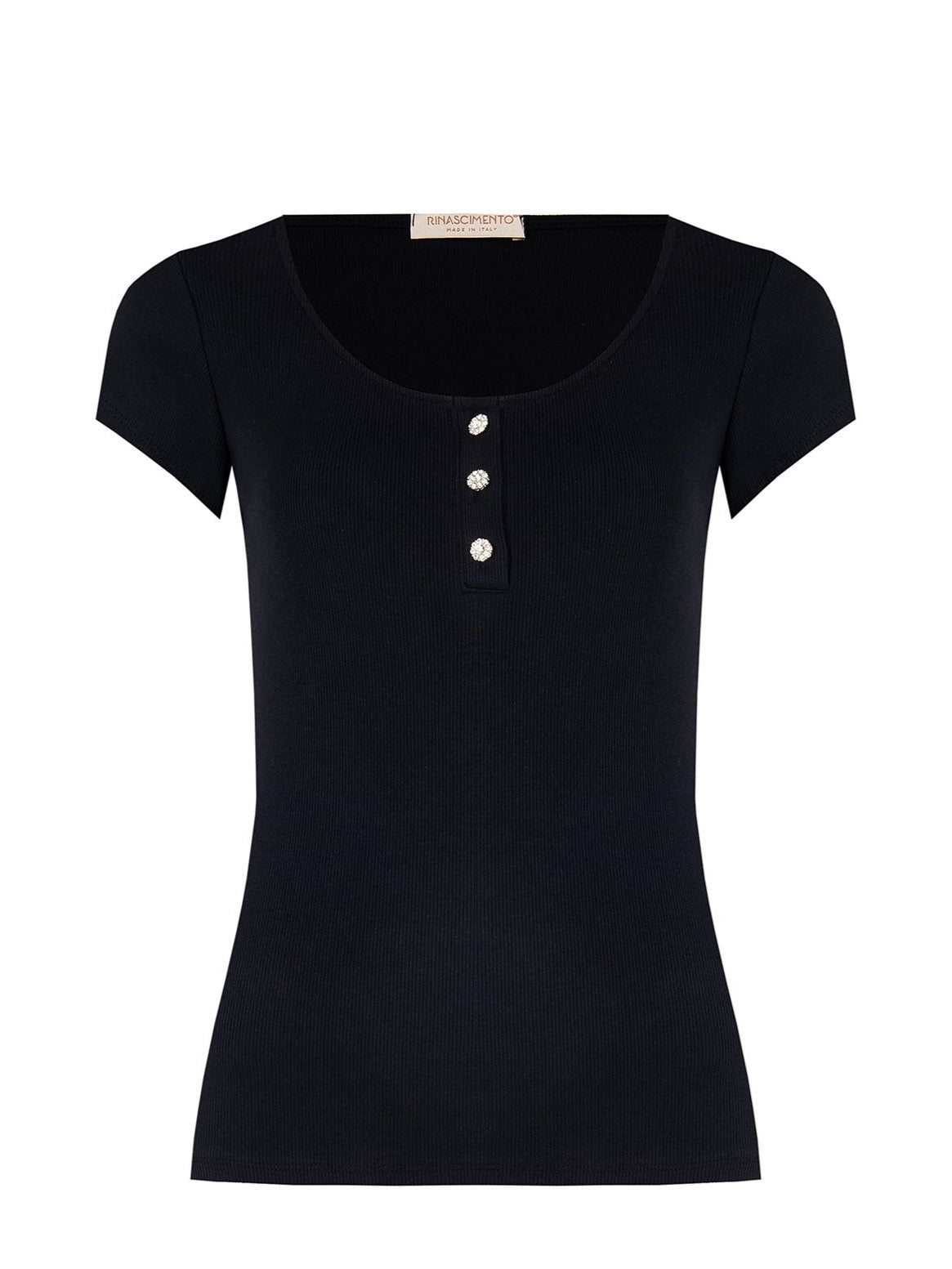 Top Aderente a Coste in Misto Cotone con Bottoni Strass