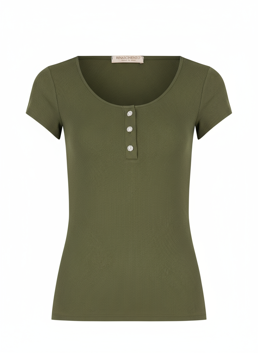 Top Aderente a Coste in Misto Cotone con Bottoni Strass