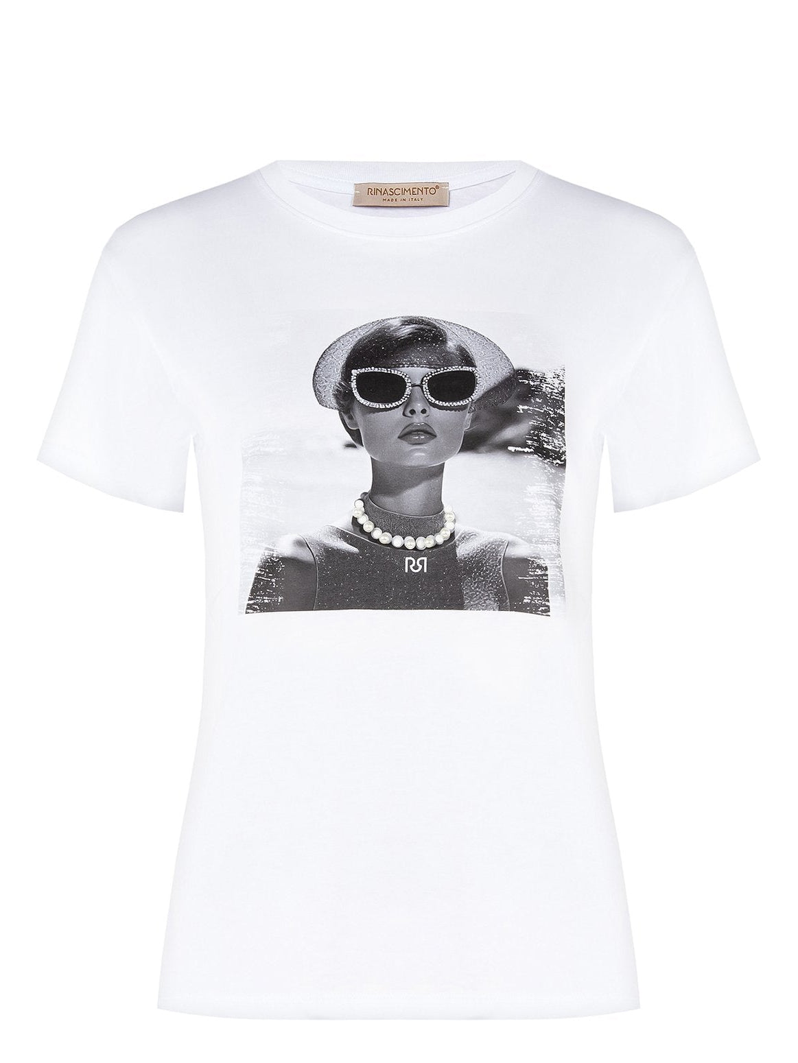 T-shirt Regular in Cotone con Stampa Donna con Collier in Perle