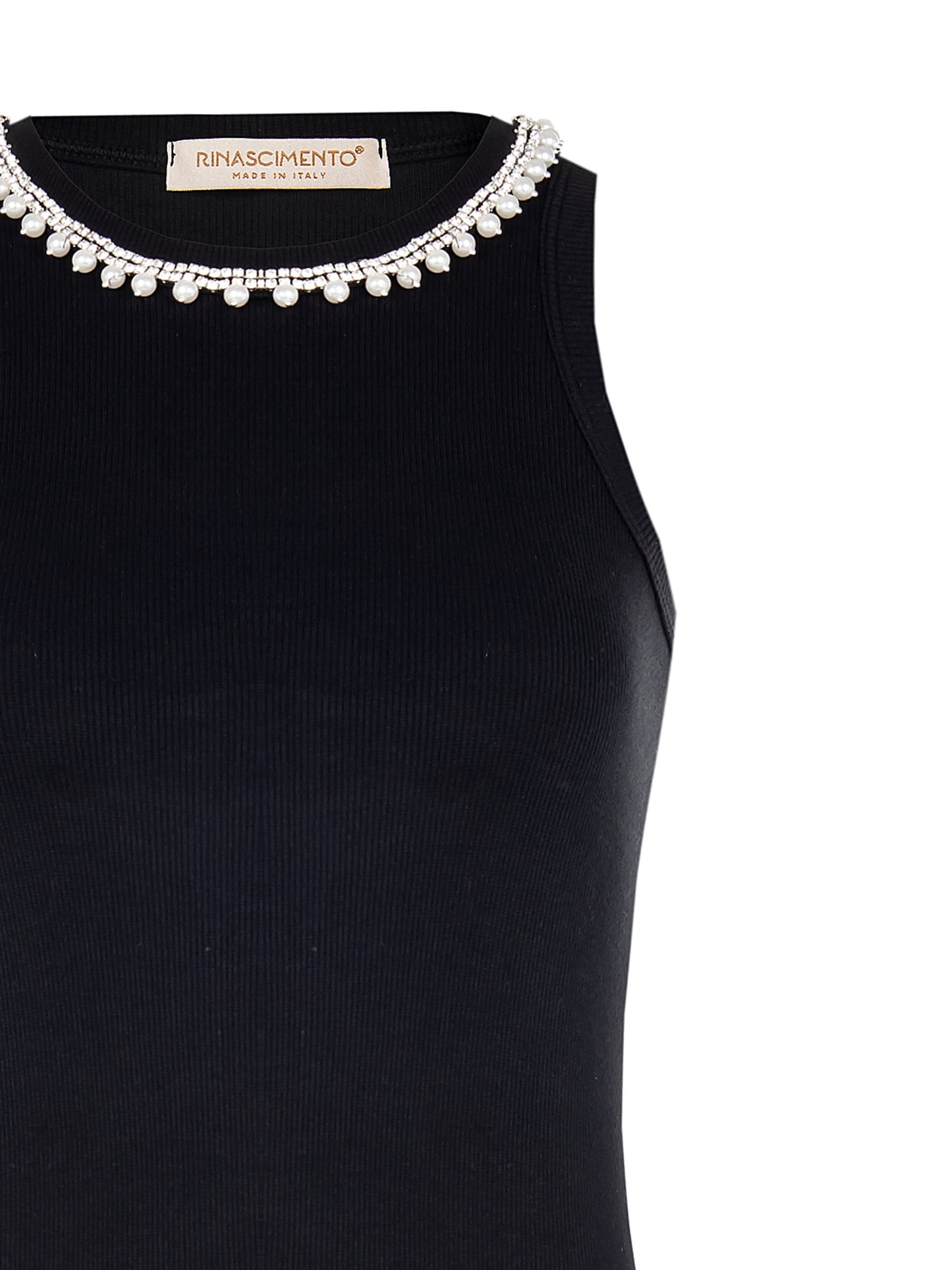 Top Aderente a Coste in Misto Cotone con Strass e Perle