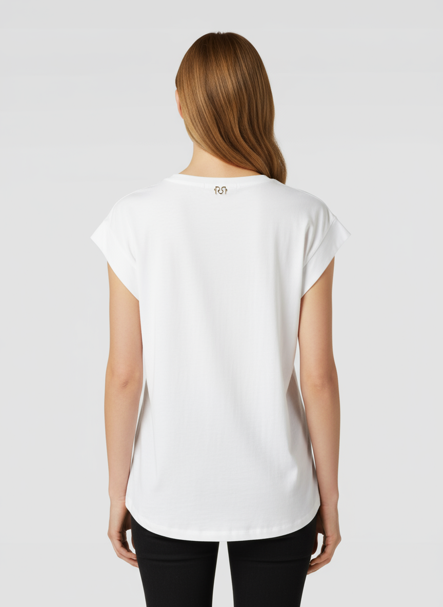 T-shirt Regular in Cotone con Occhielli e Catena nel Girocollo
