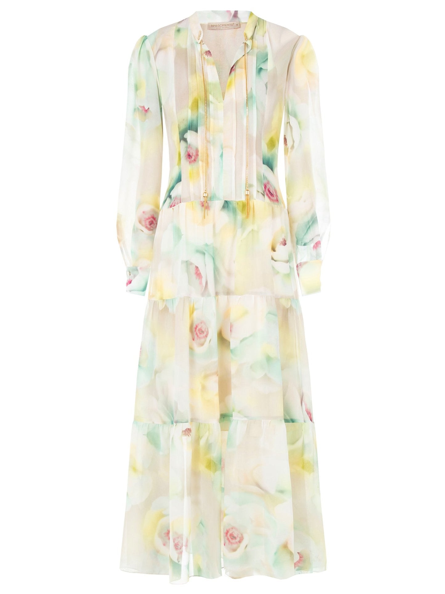 Abito Lungo a Balze in Georgette con Scollo a V e Catene nel Colletto