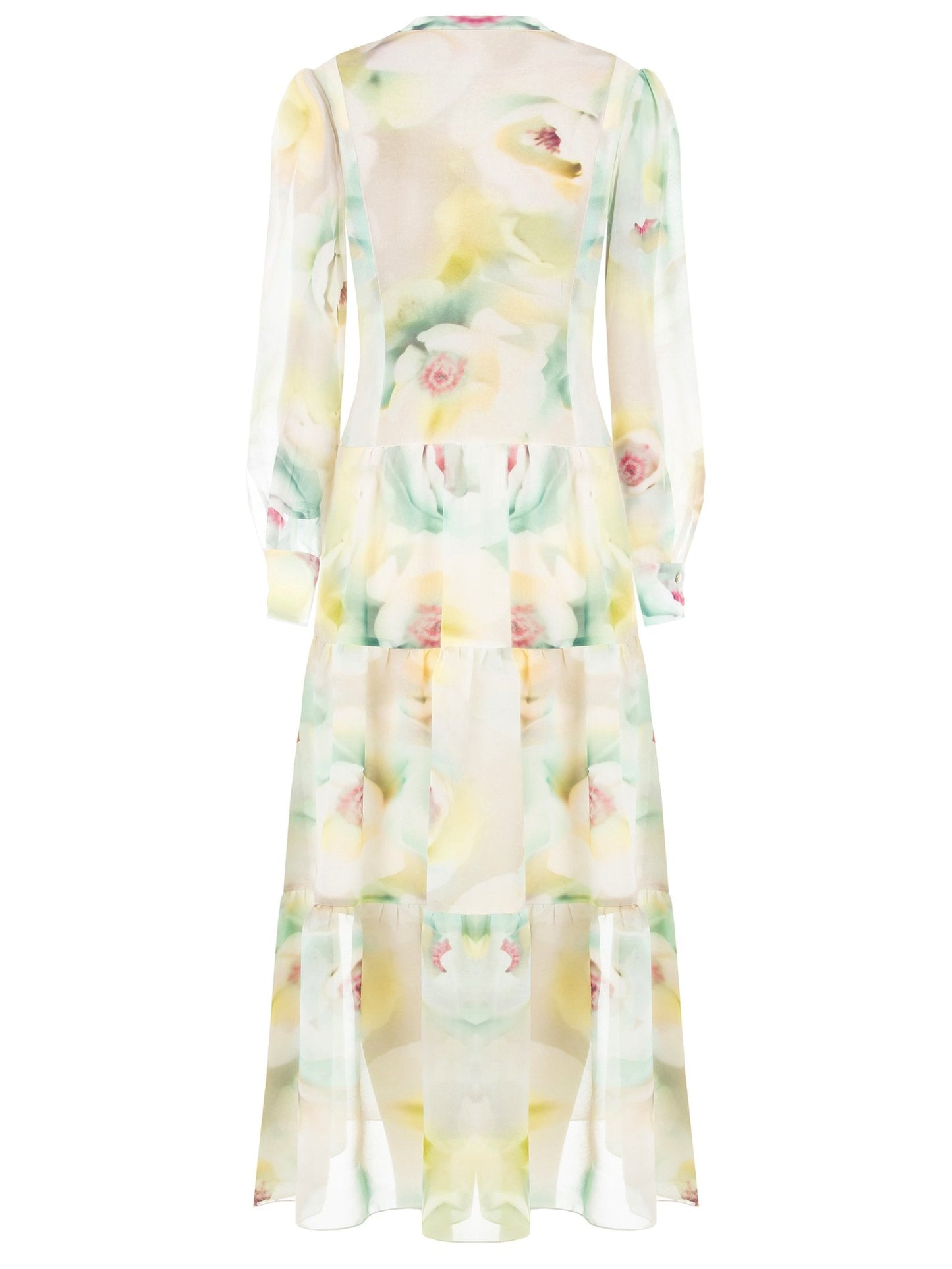 Abito Lungo a Balze in Georgette con Scollo a V e Catene nel Colletto