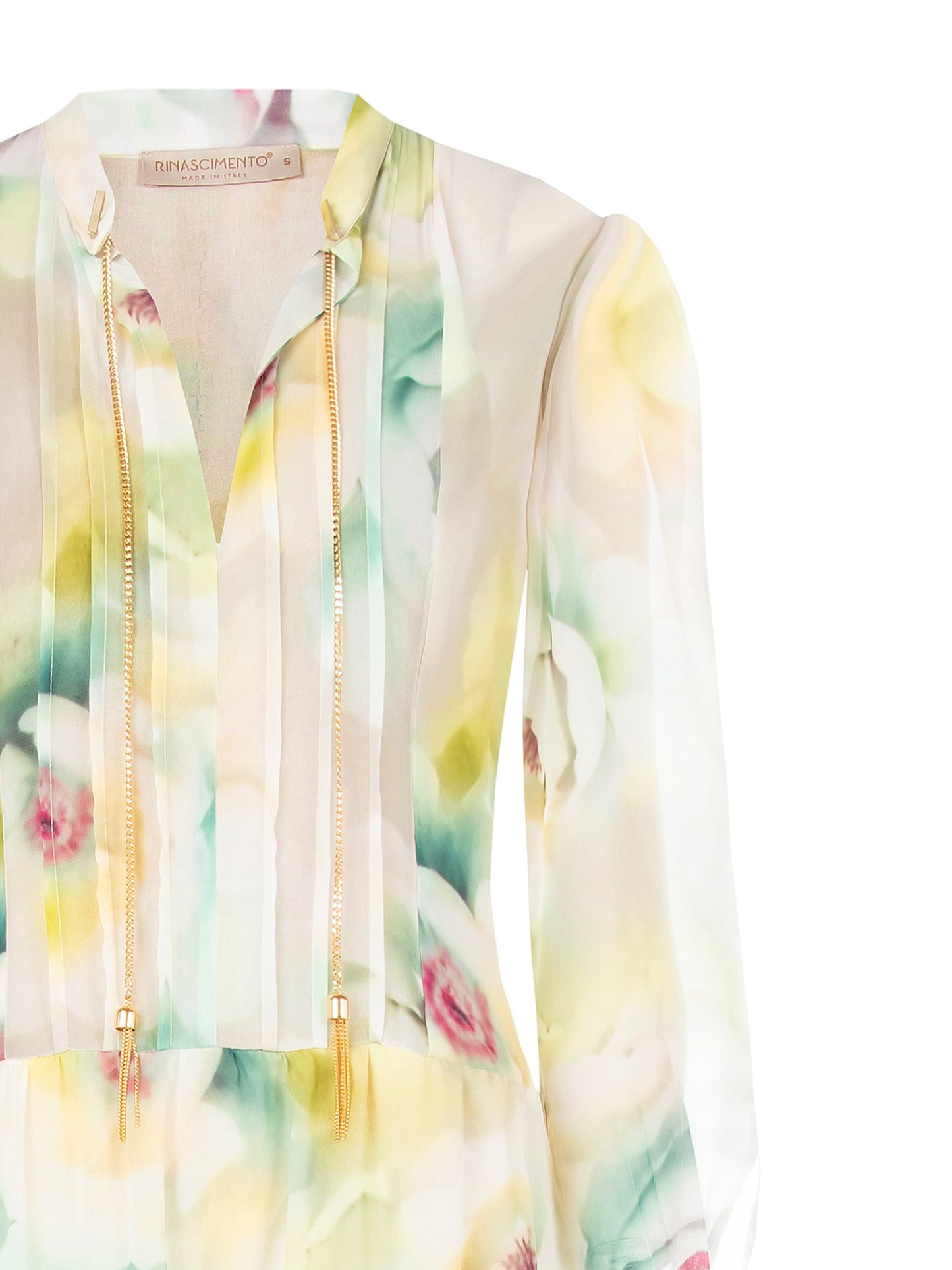 Abito Lungo a Balze in Georgette con Scollo a V e Catene nel Colletto