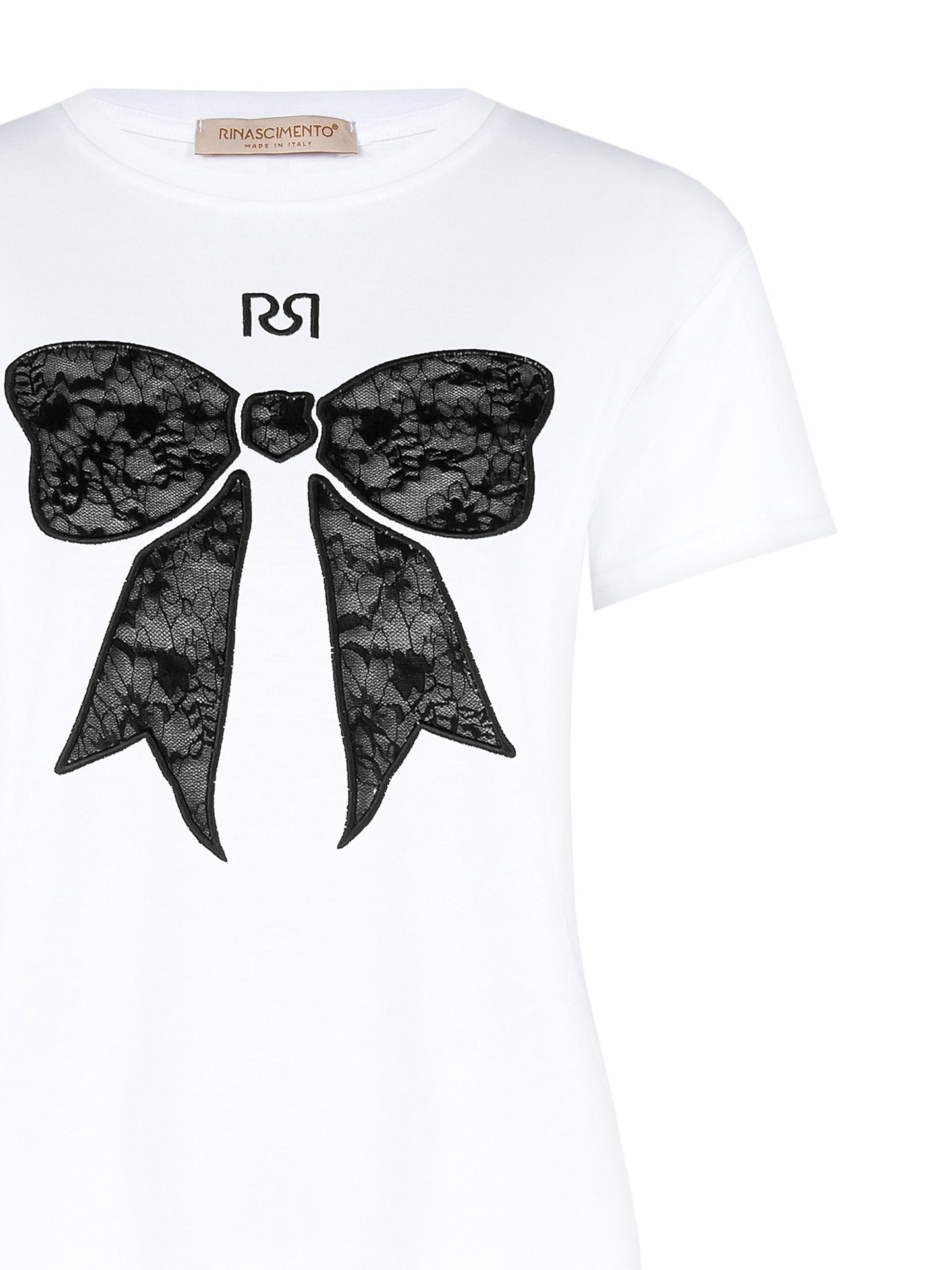 T-shirt Regular in Cotone con Fiocco in Pizzo e Logo RR Ricamati