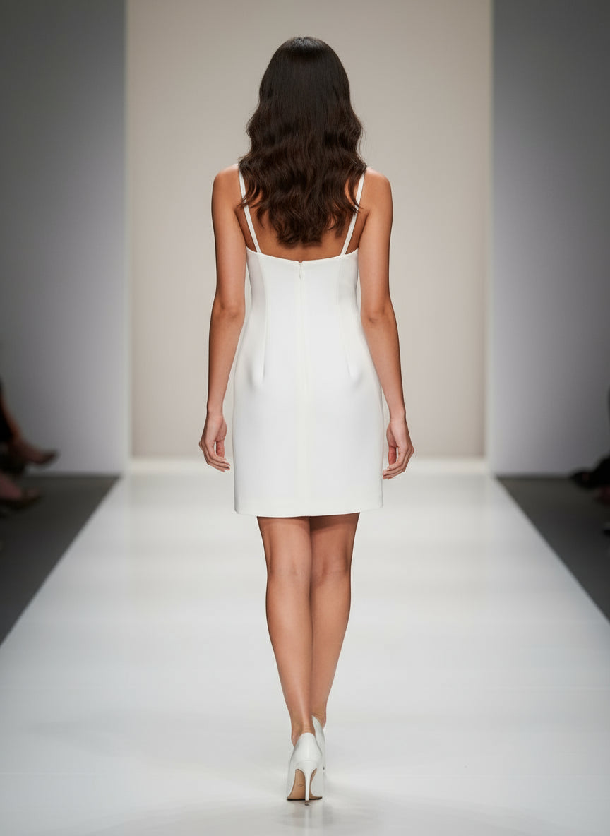 Abito Corto Svasato in Tessuto Tecnico con Spille Fiocco in Strass