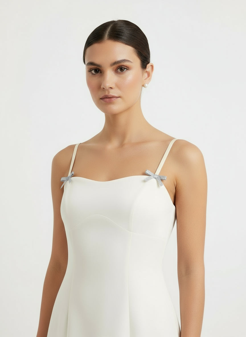 Abito Corto Svasato in Tessuto Tecnico con Spille Fiocco in Strass