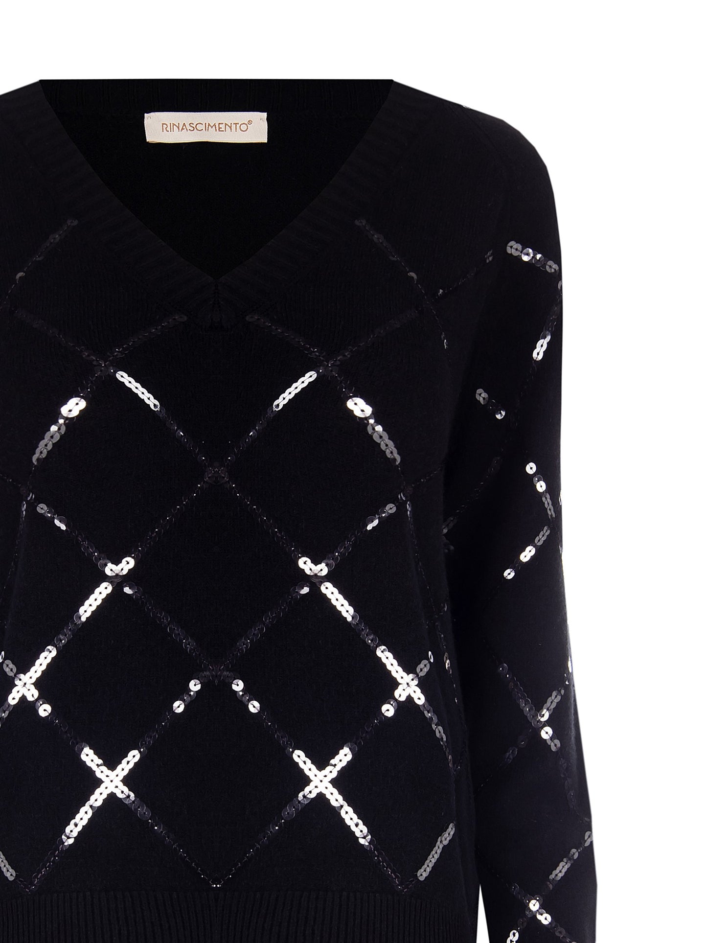 Maglione a Rombi in Strass con Scollo a V