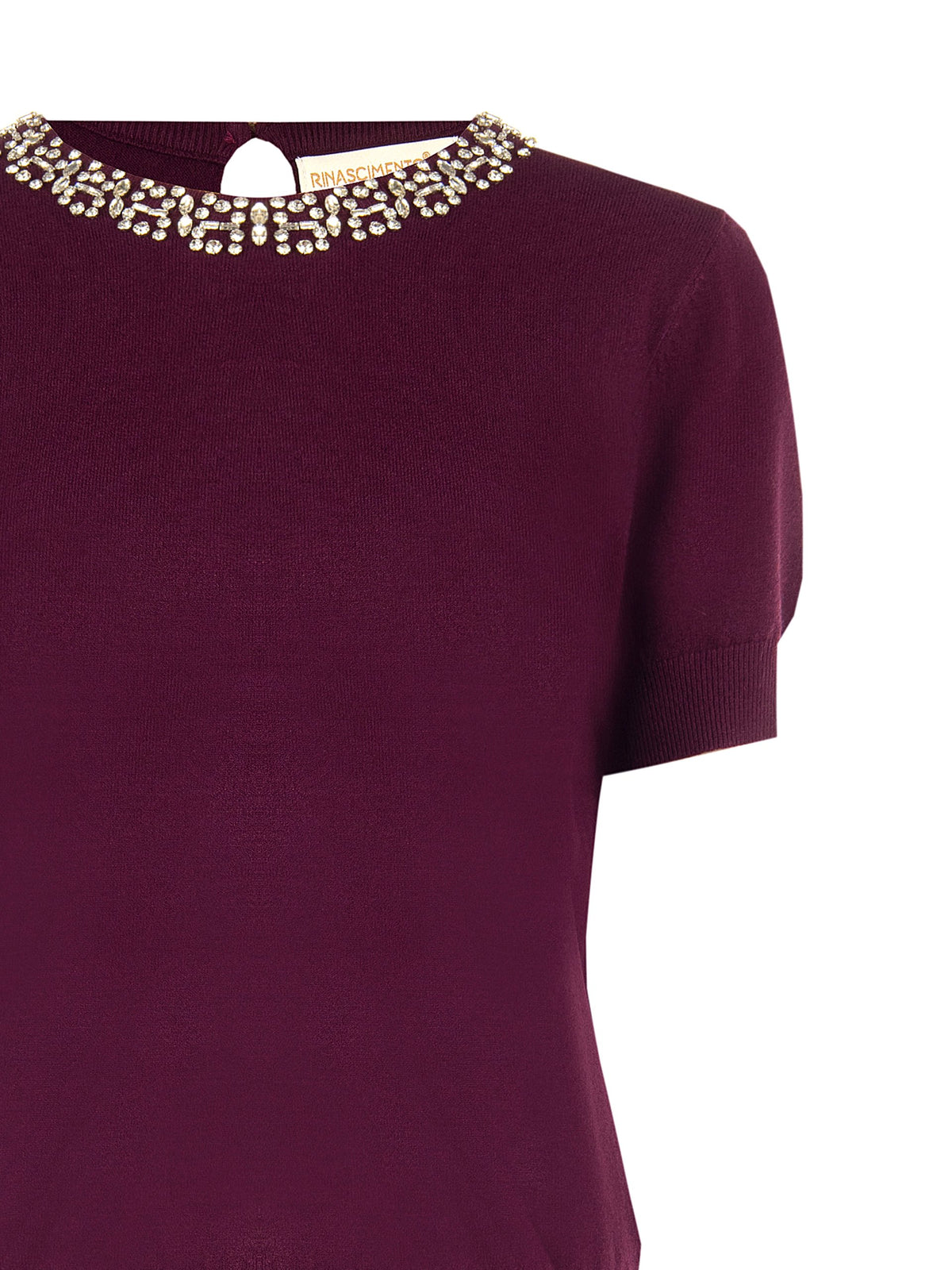Maglione a Maniche Corte in Misto Viscosa con Cristalli Cabochon