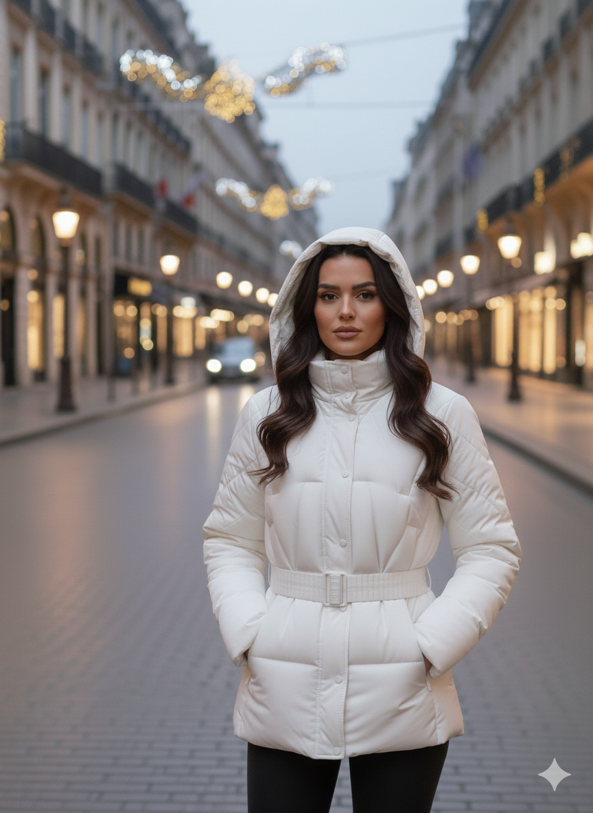 Piumino Corto Sfiancato con Cintura Elastica Coordinata e Cappuccio Rimovibile