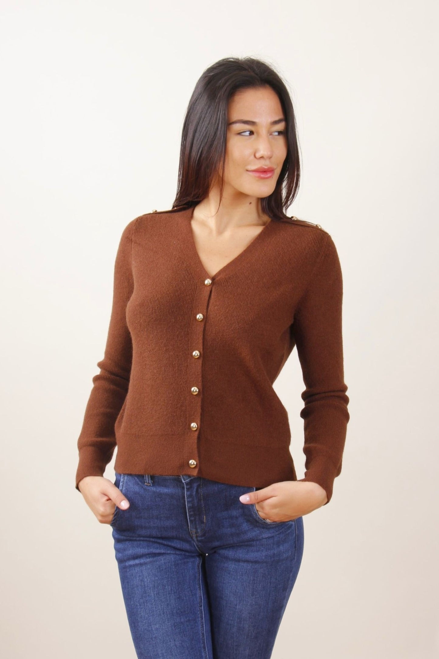 Cardigan scollo V con Bottoncini Dorati