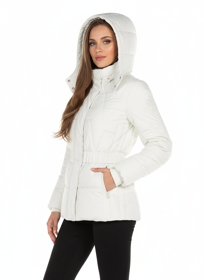 Piumino Corto Sfiancato con Cintura Elastica Coordinata e Cappuccio Rimovibile