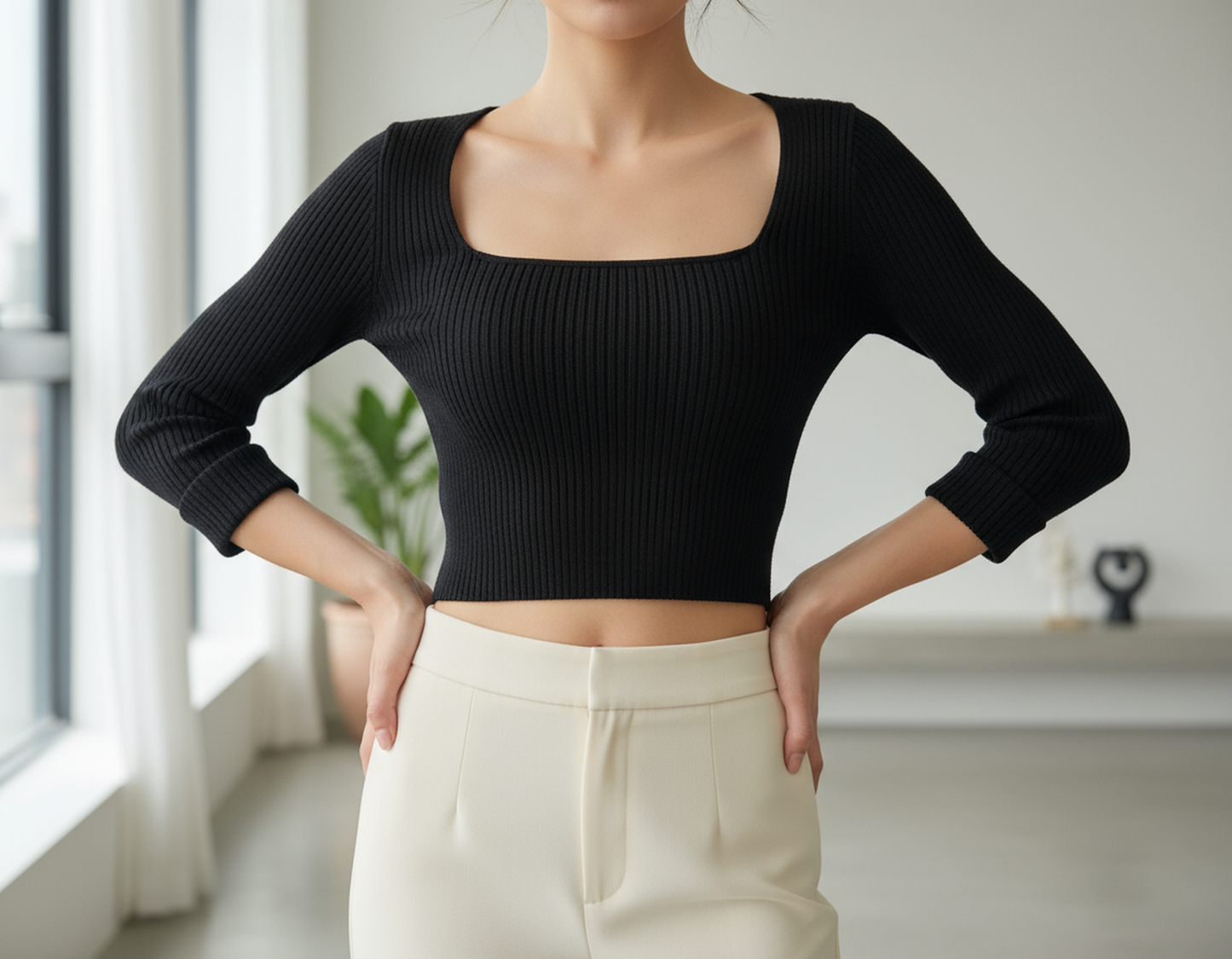 Maglia Costine Scollo Quadrato Manica Lunga