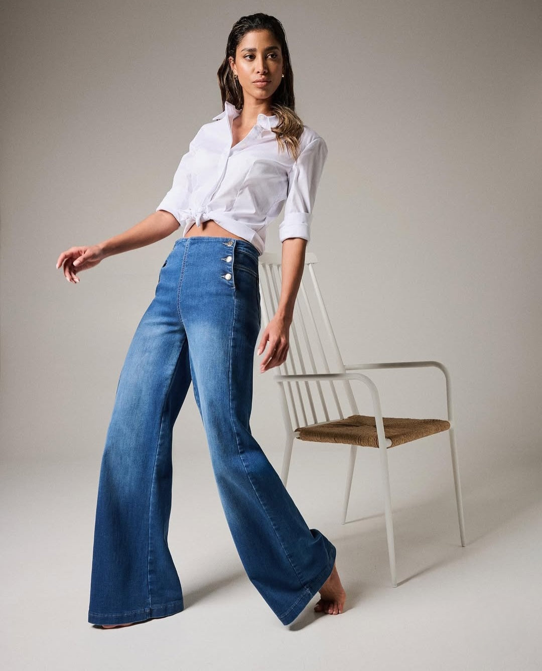 Jeans Bottoni Vita Alta