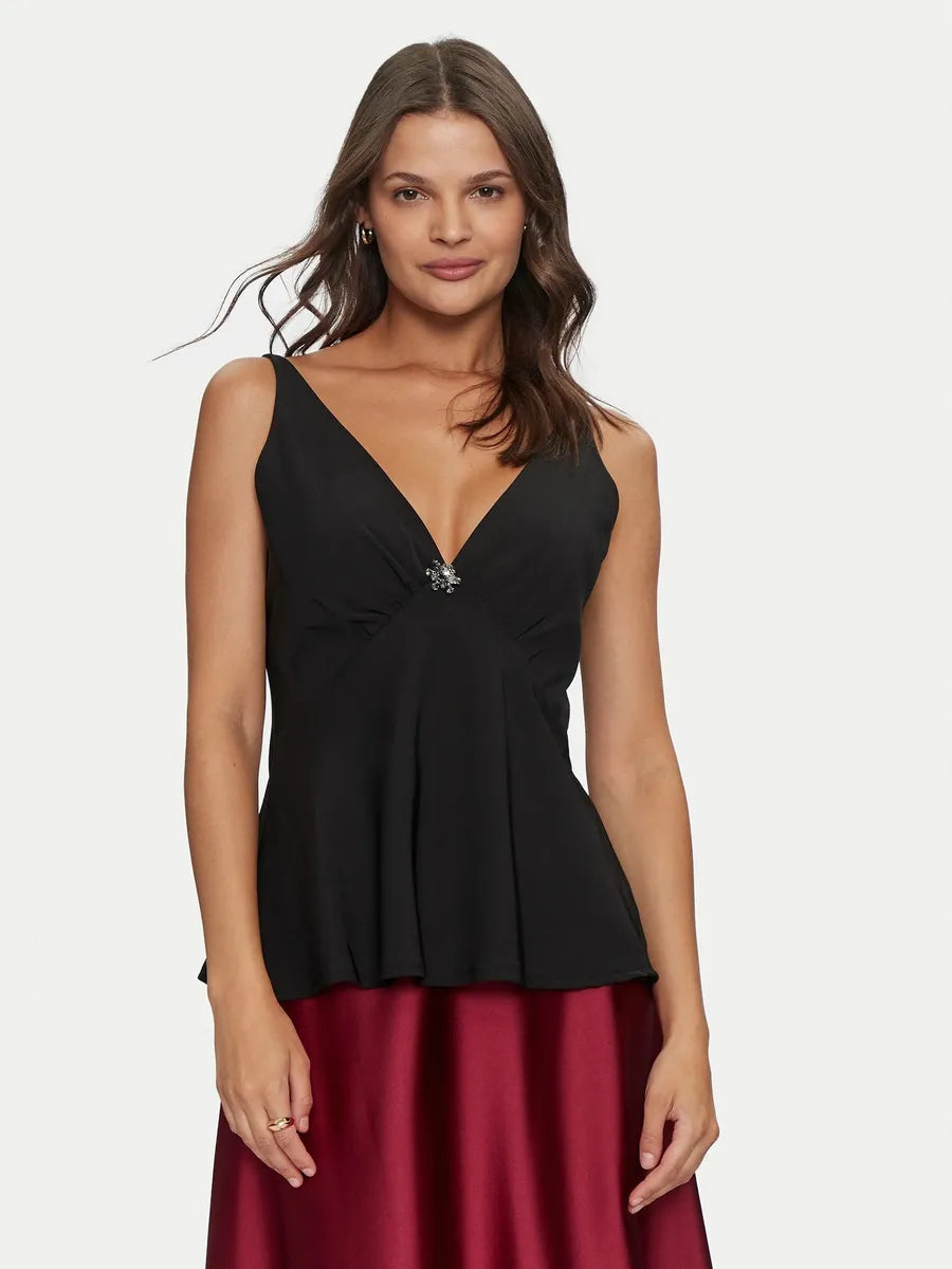 Top Sfiancato in Raso Scollato con Coppe e Spilla Gioiello