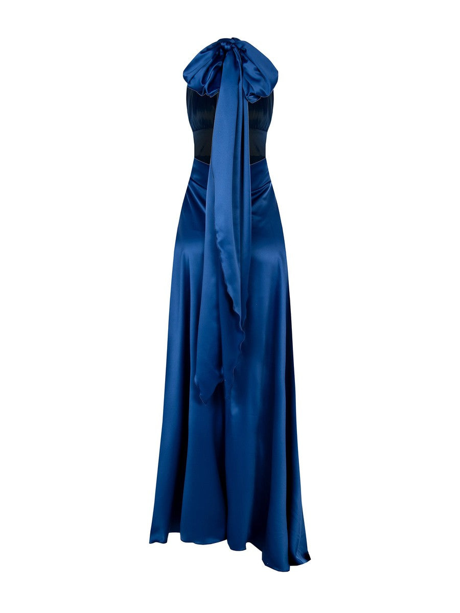 Abito in Raso con Maxi Fiocco e Lunghi Drappeggi