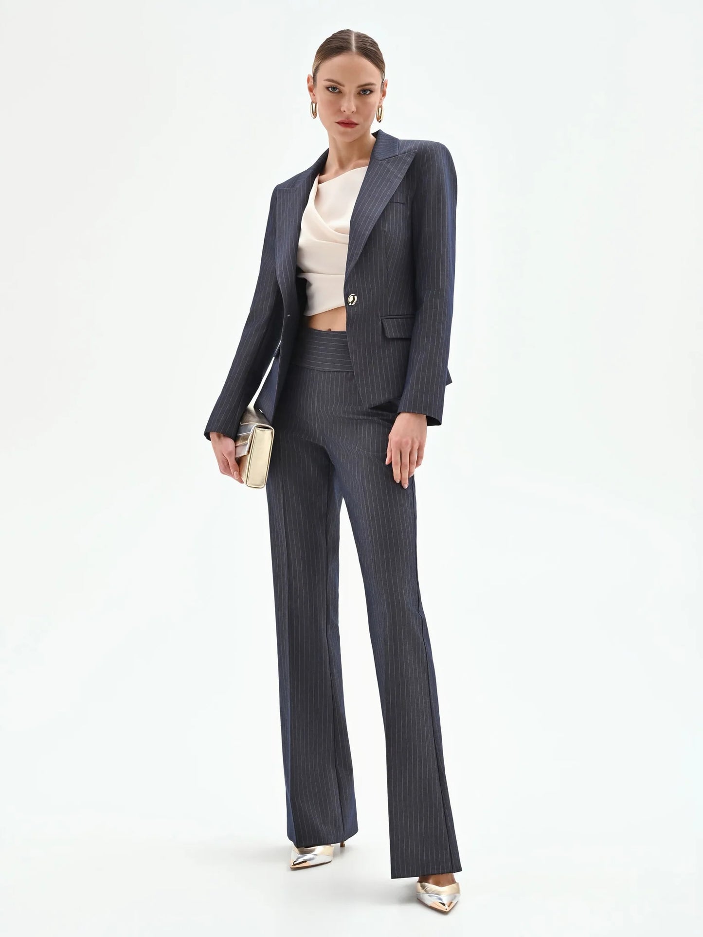 Pantalone Gessato Blu Mid Flared