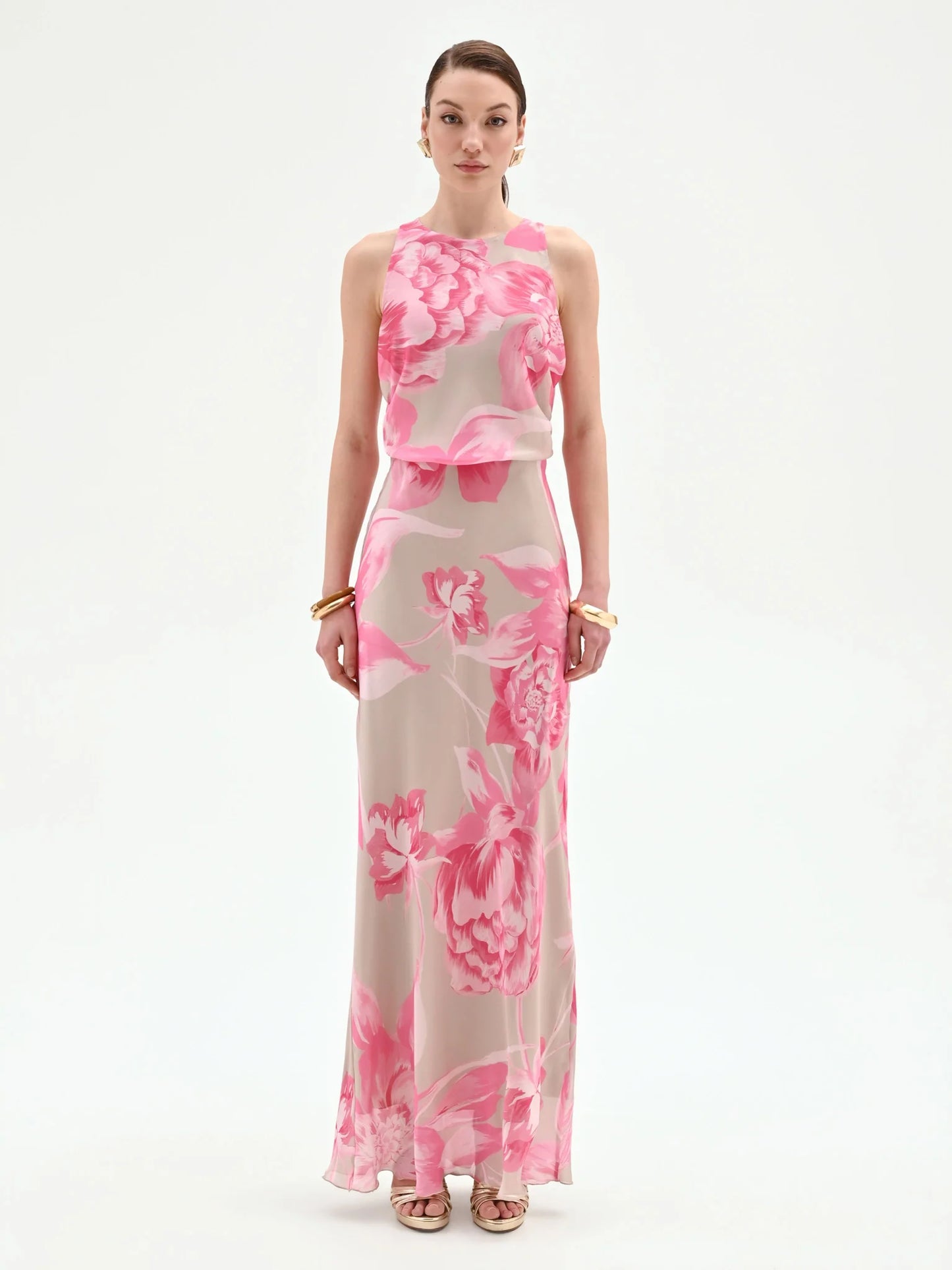 Abito Lungo Rosa con Stampa Floreale