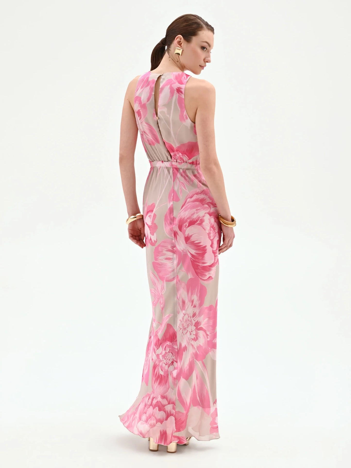 Abito Lungo Rosa con Stampa Floreale