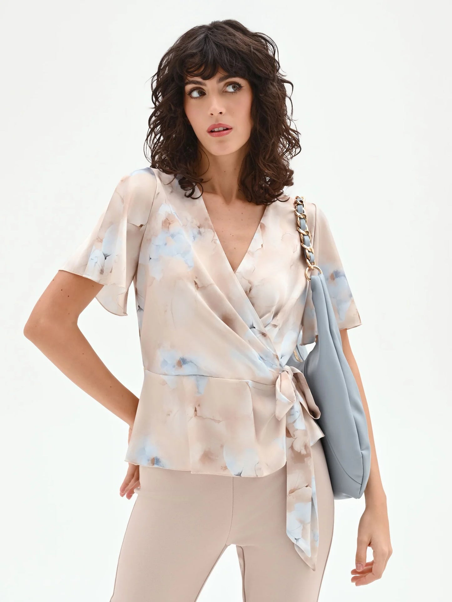 Blusa a Portafoglio con stampa effetto Acquerello