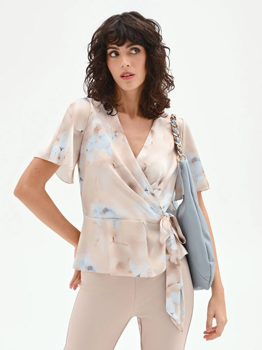 Blusa a Portafoglio con stampa effetto Acquerello