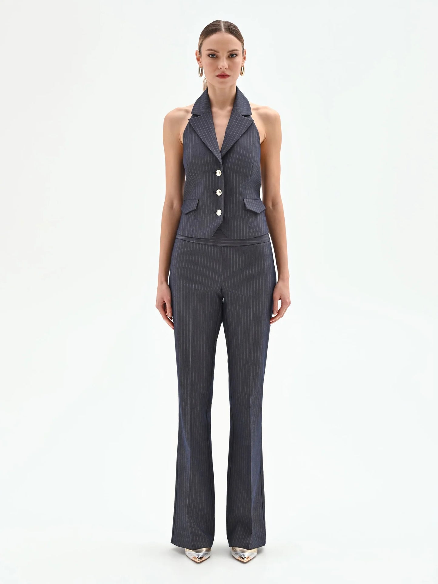 Gilet Gessato Blu Con Scollo All'Americana