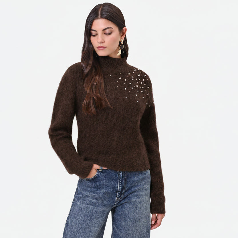 Maglione Crop in Mohair con Cristalli Cabochon