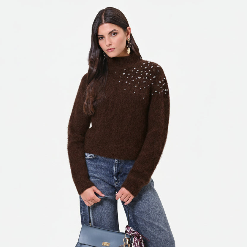 Maglione Crop in Mohair con Cristalli Cabochon