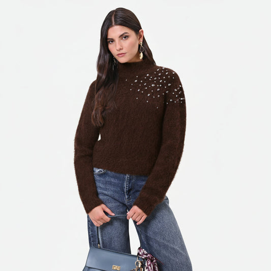 Maglione Crop in Mohair con Cristalli Cabochon