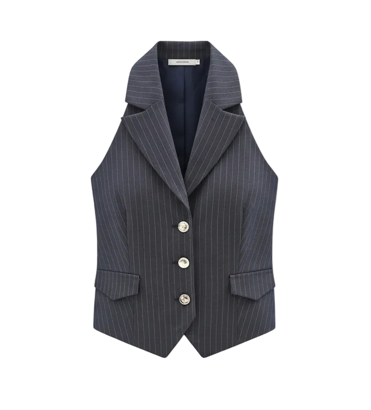 Gilet Gessato Blu Con Scollo All'Americana