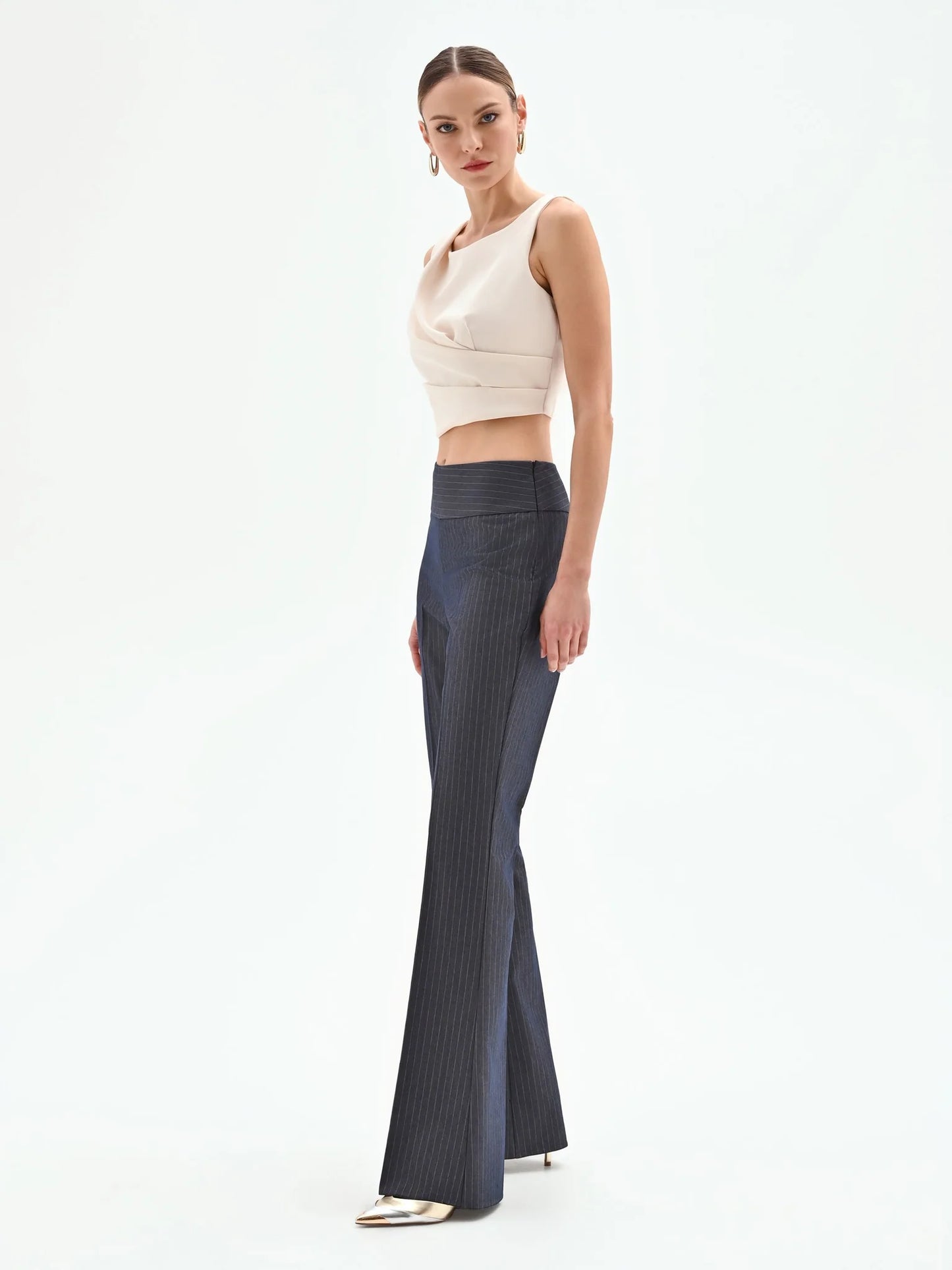 Pantalone Gessato Blu Mid Flared
