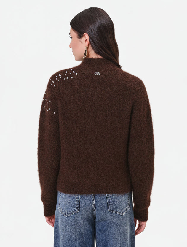 Maglione Crop in Mohair con Cristalli Cabochon