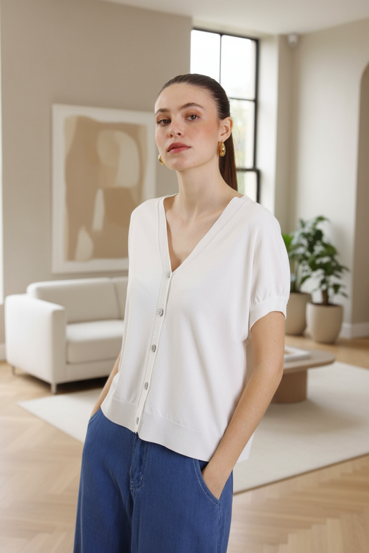 Cardigan a maniche corte in tessuto a Costine