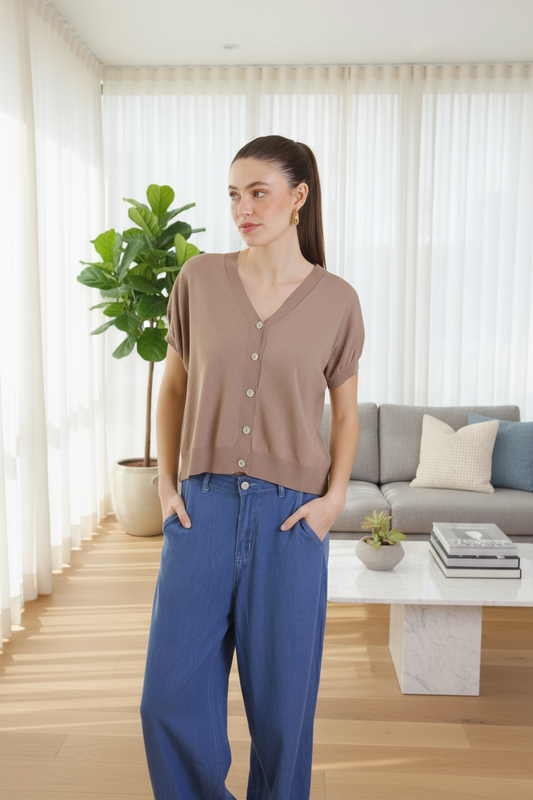 Cardigan a maniche corte in tessuto a Costine