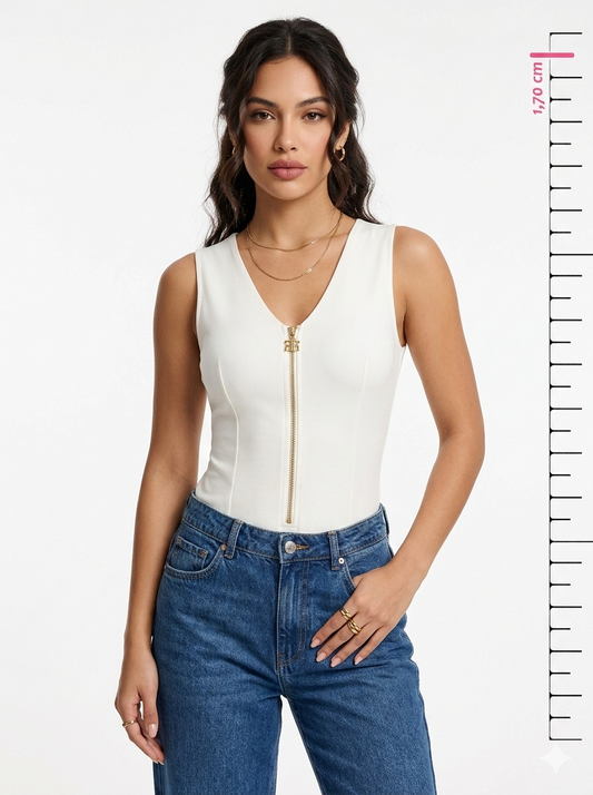 Body in Maglia Elasticizzata con Scollo a V e Zip Logo